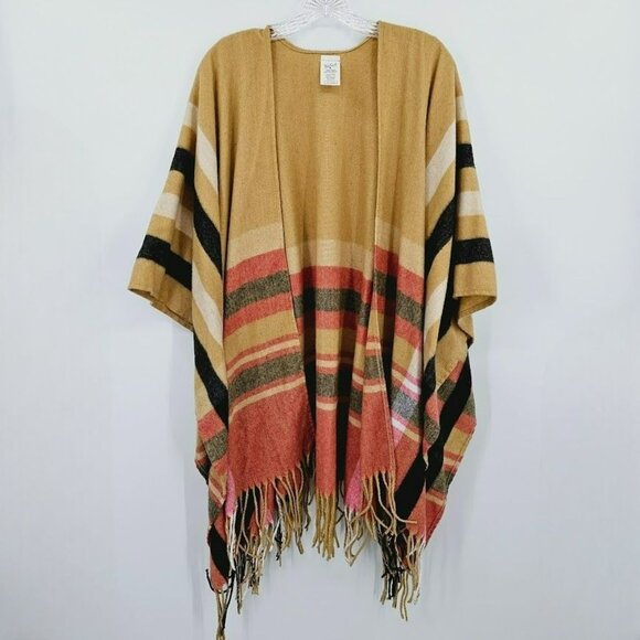 Woolrich Justine Plaid Shawl Poncho Wrap One Size Tan Red Black Fringe Trim Boho - Picture 1 of 8